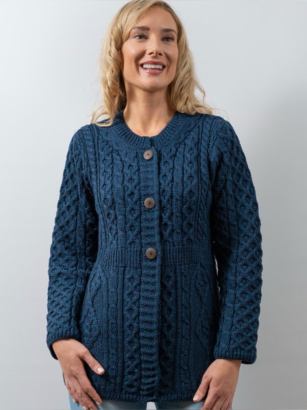 Kilronan Merino Wool Cardigan Sweater Womens Medium Atlantic Blue A Line Ireland